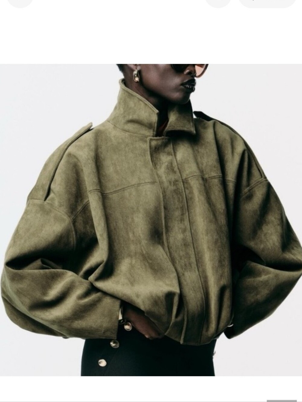 Zara Faux Suede Bomber Jacket In Green Size L